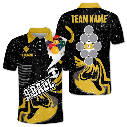 Custom Black And Yellow 9 Ball Billiard Men's Polo Shirts, Custom 9 Ball Pool Team Shirts BIZ0188
