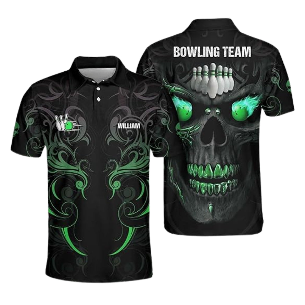 Custom Skull Flame Ball Bowling Polo Shirt Mens, Custom SKull Bowling Shirts Team BE0137