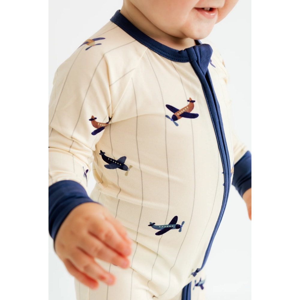 Airplane Blue Beige Baby Romper Convertible Zipper, Aircraft Baby Romper Convertible BB0730