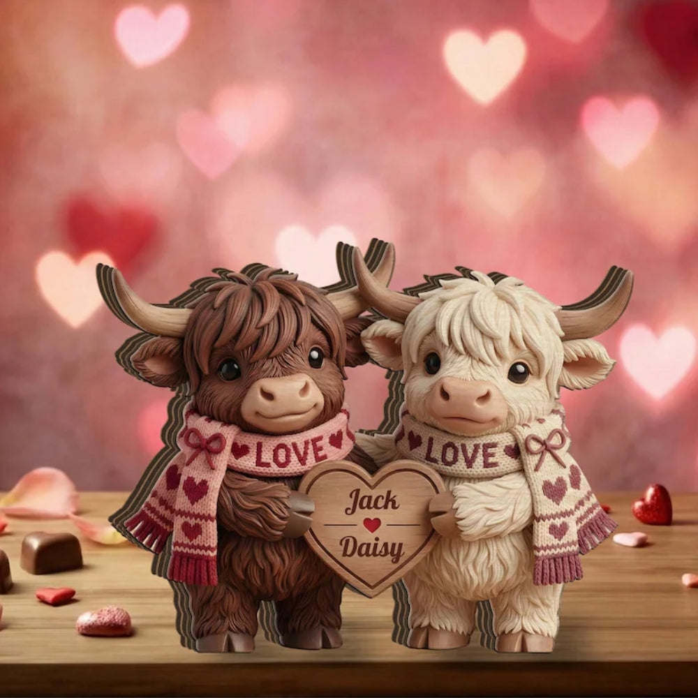 Personalized Highland Cow Couple Wooden Plaque, Custom Cow Couple Wedding Wooden Block WD0814
