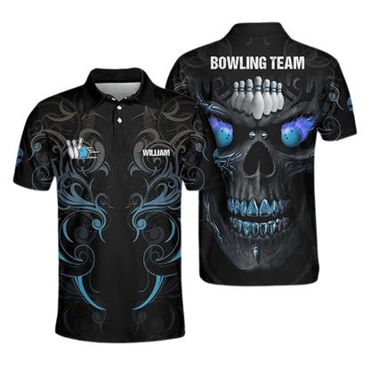 Custom Skull Flame Ball Bowling Polo Shirt Mens, Custom SKull Bowling Shirts Team BE0137