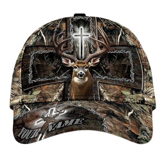 Custom Deer And Cross Camo Baseball Cap, Custom Deer Hunting Christian Caps Hats CP0238