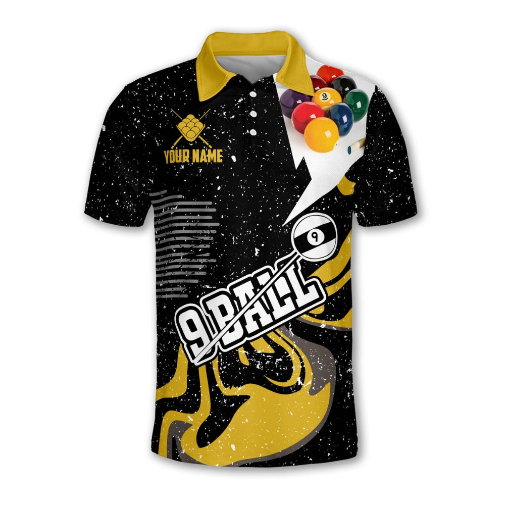 Custom Black And Yellow 9 Ball Billiard Men's Polo Shirts, Custom 9 Ball Pool Team Shirts BIZ0188