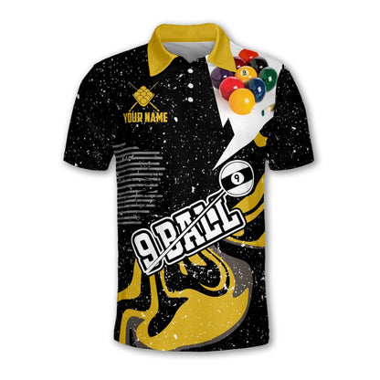 Custom Black And Yellow 9 Ball Billiard Men's Polo Shirts, Custom 9 Ball Pool Team Shirts BIZ0188