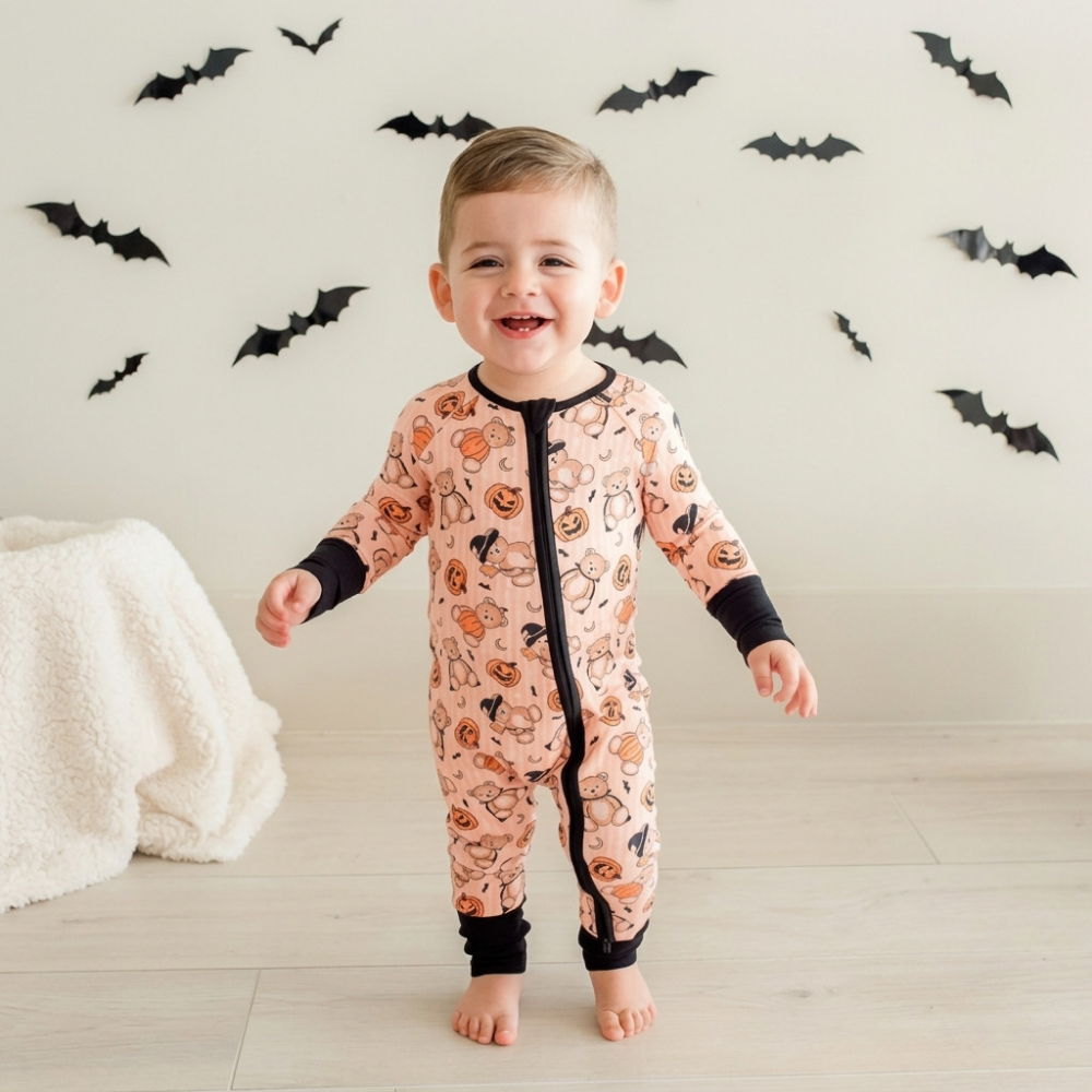Bear Pumpkin Halloween Baby Convertible Zippy Romper, Halloween Convertible Romper Baby BB0731