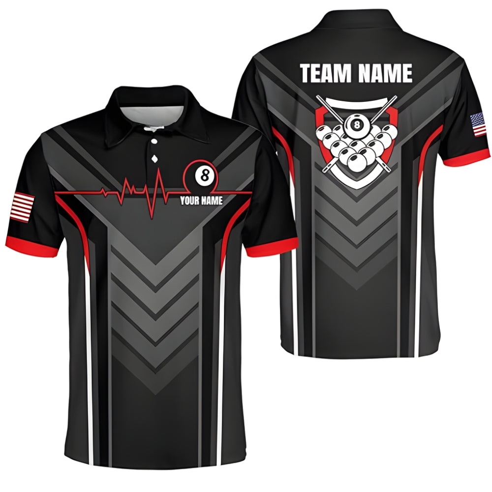 Custom Team 8 Ball Black Billiard Polo Shirt For Mens, Custom Pool Billiard Shirts BIZ0186