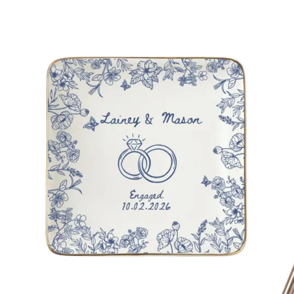 Personalized Floral Engagement Ring Dish For Bride, Custom Wedding Jewelry Dish WD0173