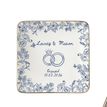 Personalized Floral Engagement Ring Dish For Bride, Custom Wedding Jewelry Dish WD0173