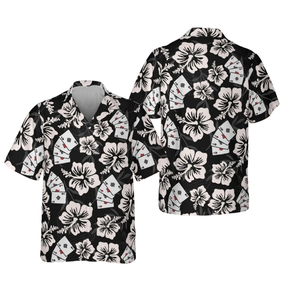 Men's Poker Floral Black And White Hawaiian Shirt, Poker Hawaiian Shirts HE0202