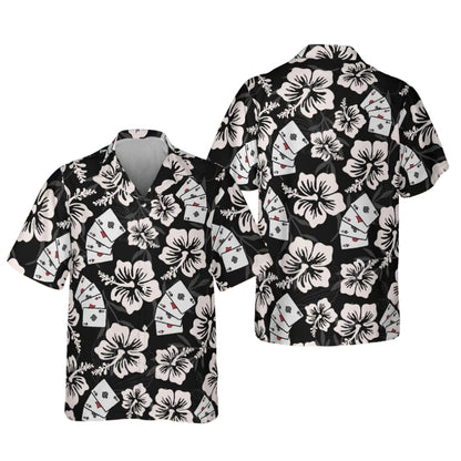 Men's Poker Floral Black And White Hawaiian Shirt, Poker Hawaiian Shirts HE0202