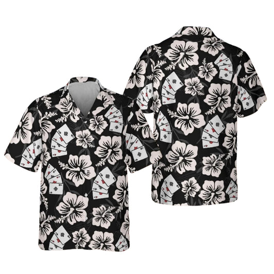 Men's Poker Floral Black And White Hawaiian Shirt, Poker Hawaiian Shirts HE0202