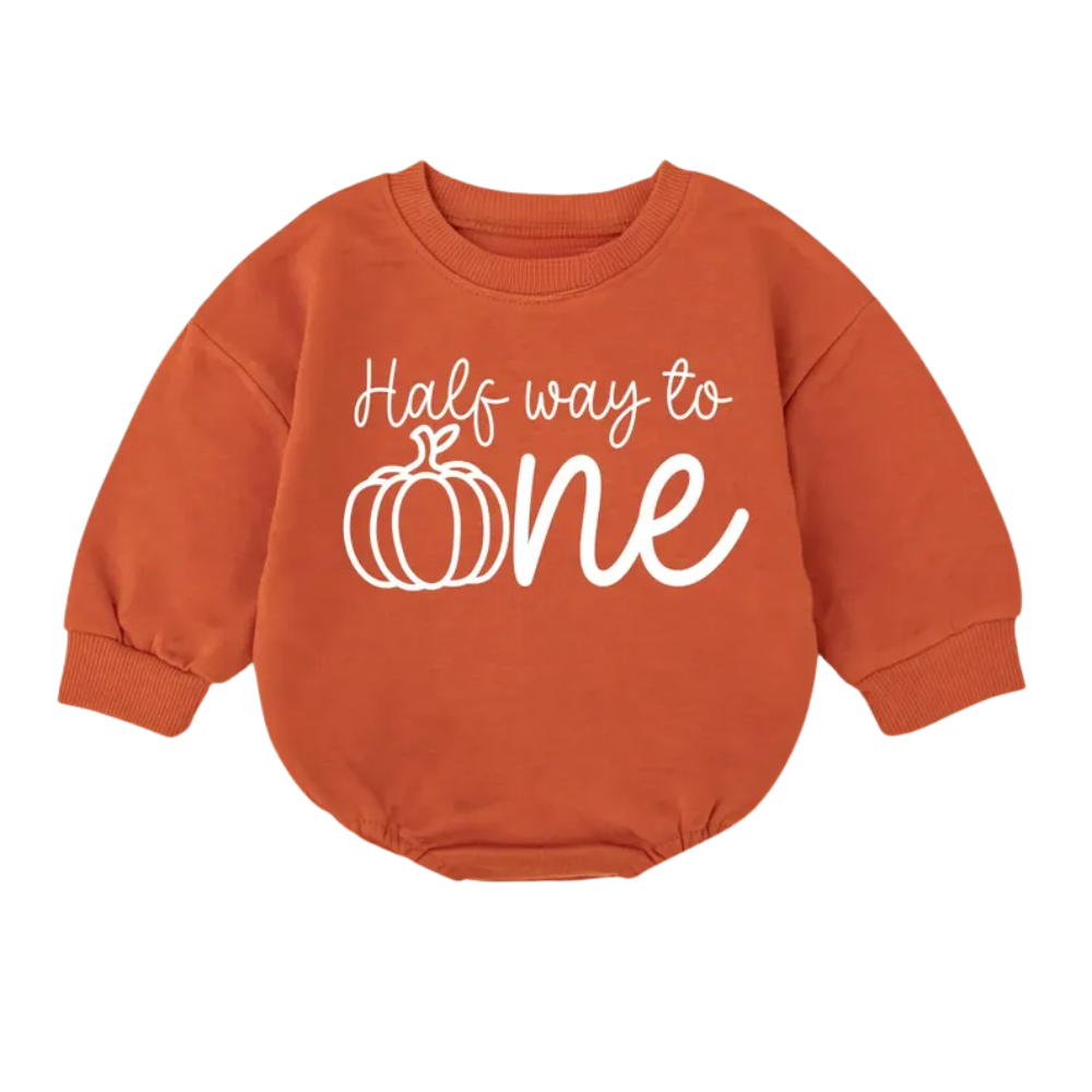 Half Way To One Pumpkin Baby Romper Sweatshirt, 1/2 Birthday Thanksgiving Romper Sweatshirt For Baby BB0564