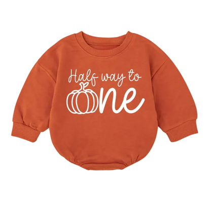 Half Way To One Pumpkin Baby Romper Sweatshirt, 1/2 Birthday Thanksgiving Romper Sweatshirt For Baby BB0564