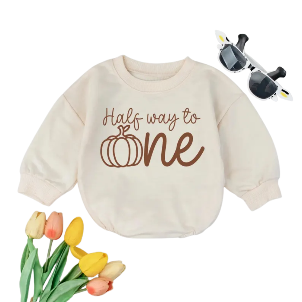 Half Way To One Pumpkin Baby Romper Sweatshirt, 1/2 Birthday Thanksgiving Romper Sweatshirt For Baby BB0564