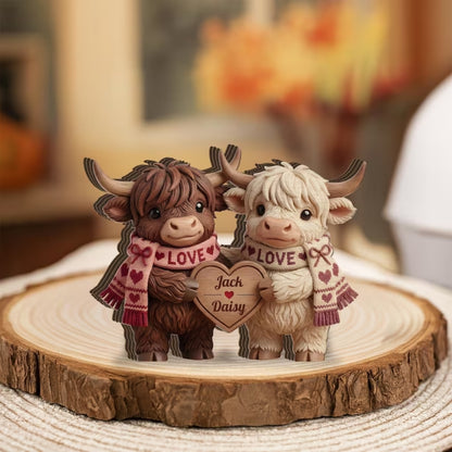 Personalized Highland Cow Couple Wooden Plaque, Custom Cow Couple Wedding Wooden Block WD0814