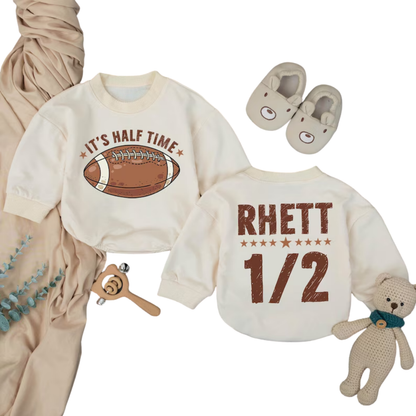 Custom It's Half Time Baby Football Romper Sweater, Custom Football 1/2 Month Birthday Baby Romper Sweatshirt BB0304