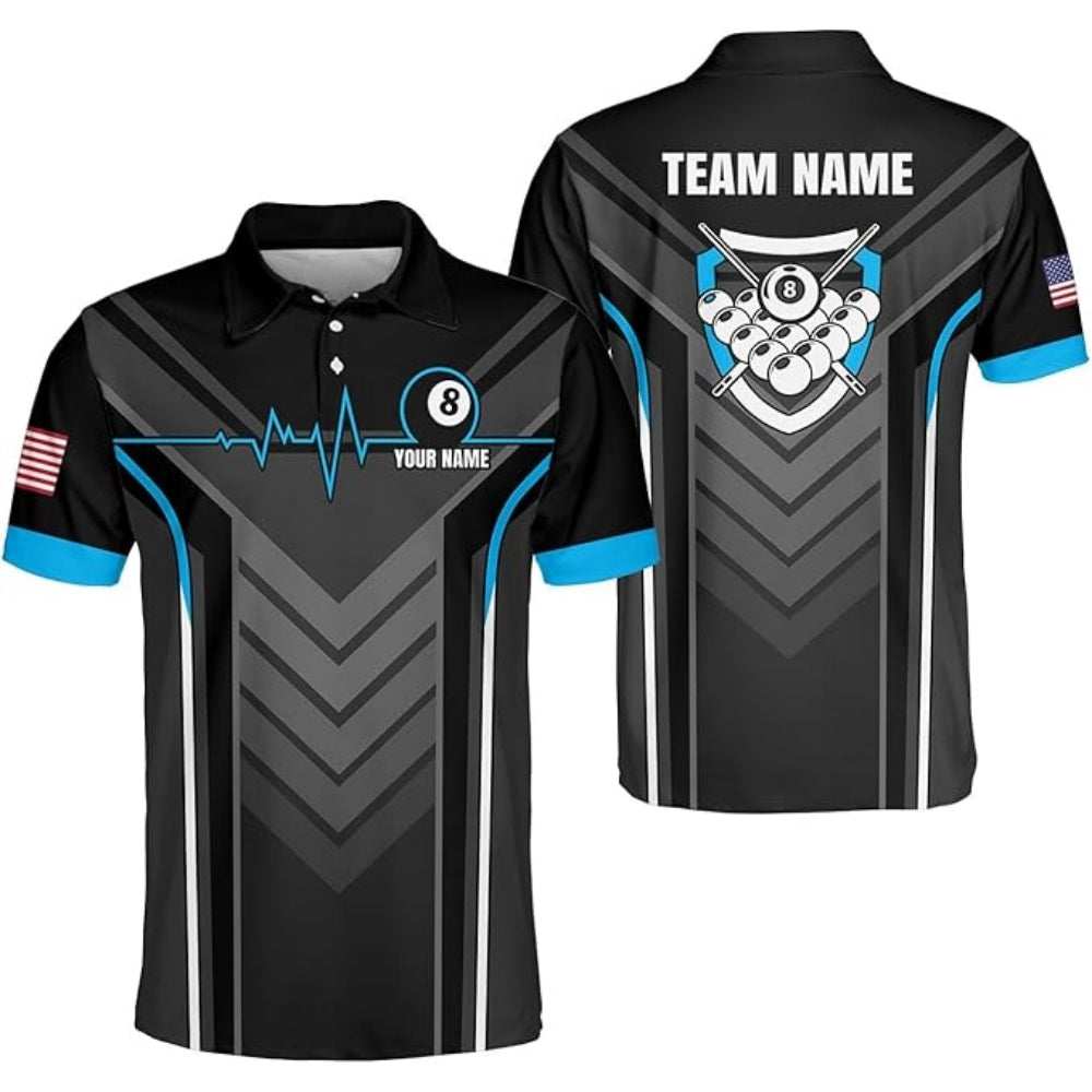Custom Team 8 Ball Black Billiard Polo Shirt For Mens, Custom Pool Billiard Shirts BIZ0186