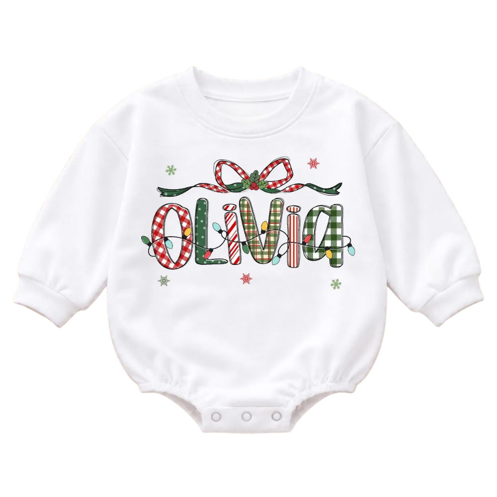 Custom Name Christmas Baby Romper Sweatshirt Checkered, Custom Christmas Sweatshirt Baby BB0871