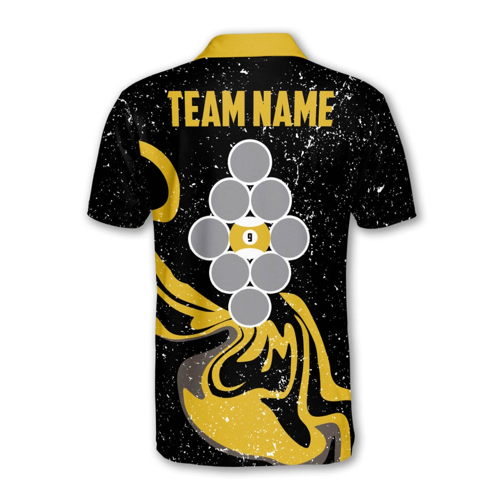 Custom Black And Yellow 9 Ball Billiard Men's Polo Shirts, Custom 9 Ball Pool Team Shirts BIZ0188