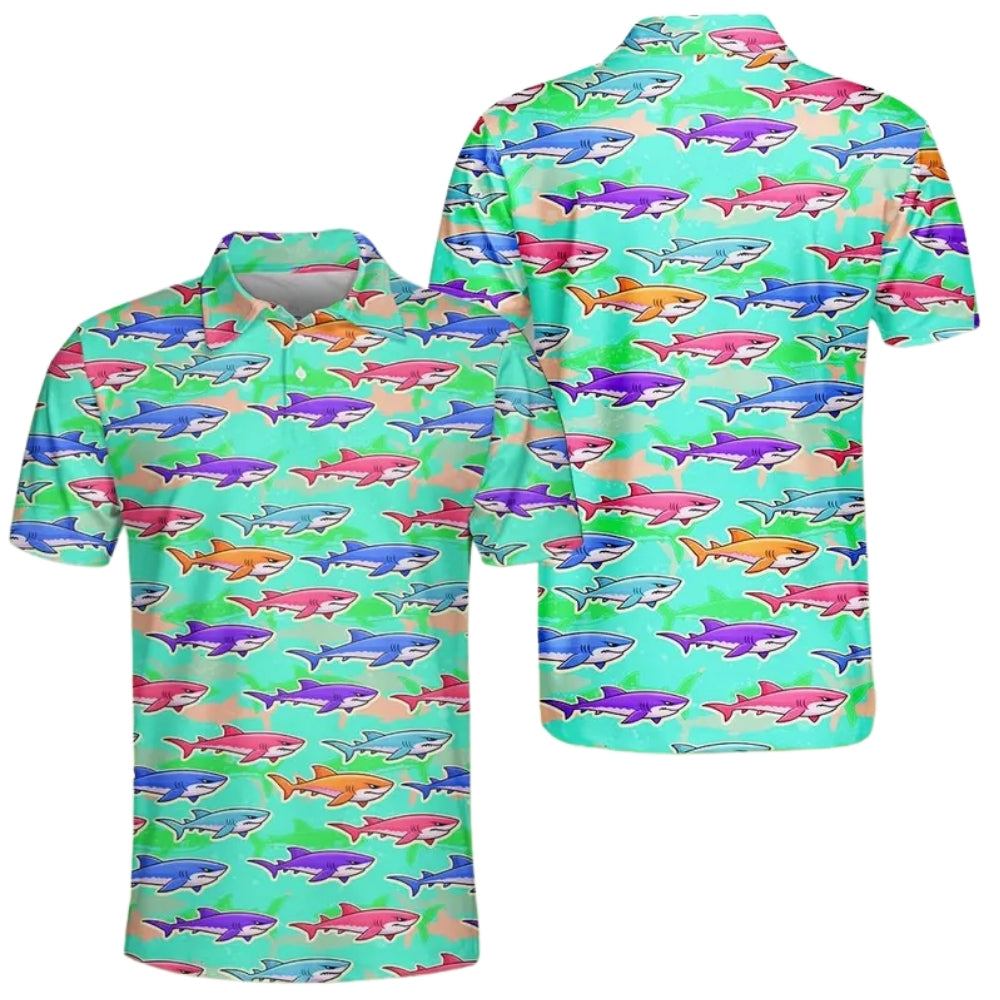 Colorful Shark Pattern Golf Polo Shirt For Men, Shark Golf Shirts GE0413