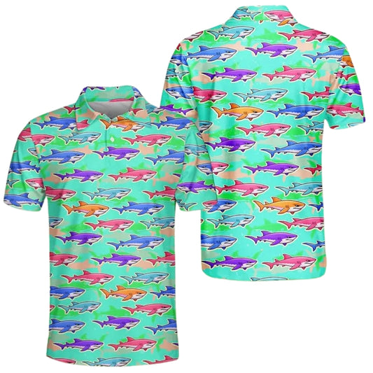 Colorful Shark Pattern Golf Polo Shirt For Men, Shark Golf Shirts GE0413
