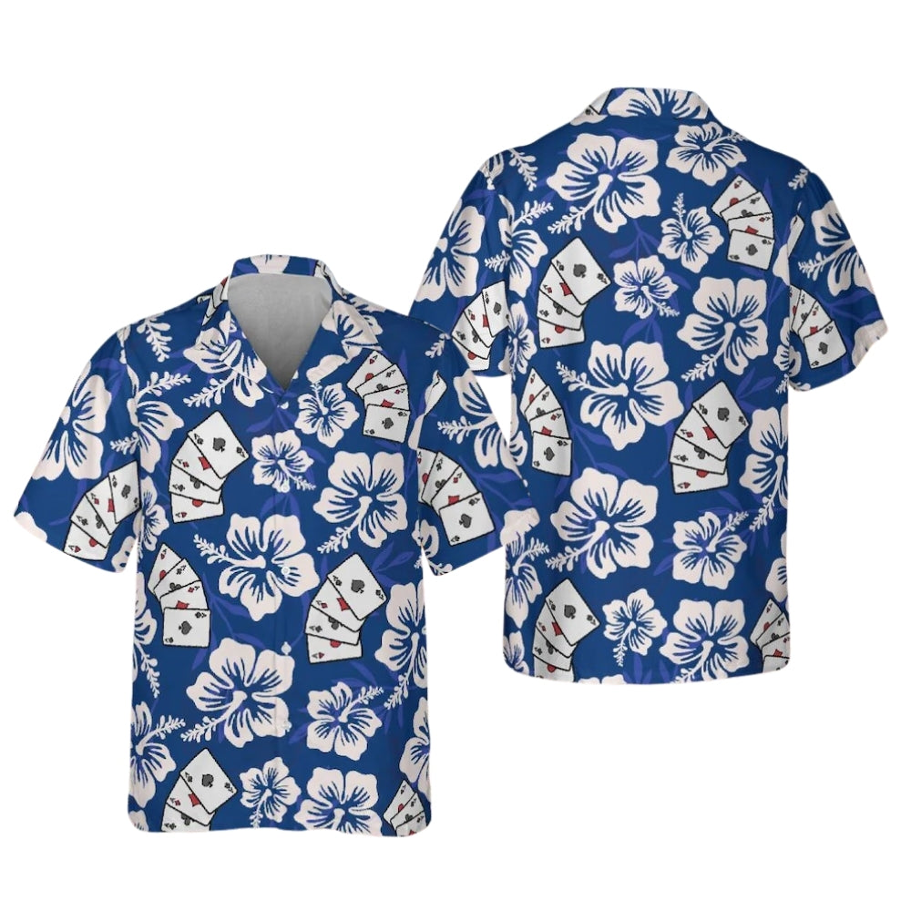 Men's Poker Floral Black And White Hawaiian Shirt, Poker Hawaiian Shirts HE0202