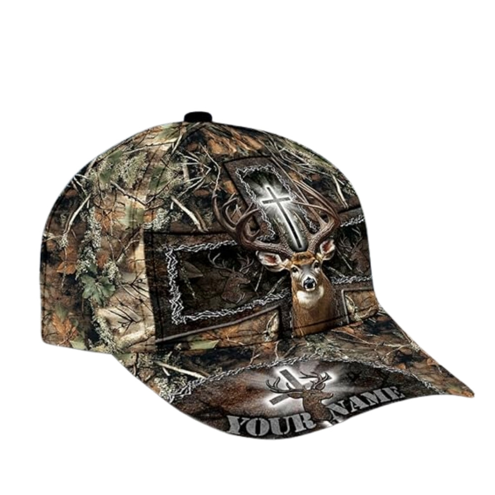 Custom Deer And Cross Camo Baseball Cap, Custom Deer Hunting Christian Caps Hats CP0238