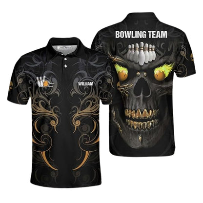 Custom Skull Flame Ball Bowling Polo Shirt Mens, Custom SKull Bowling Shirts Team BE0137