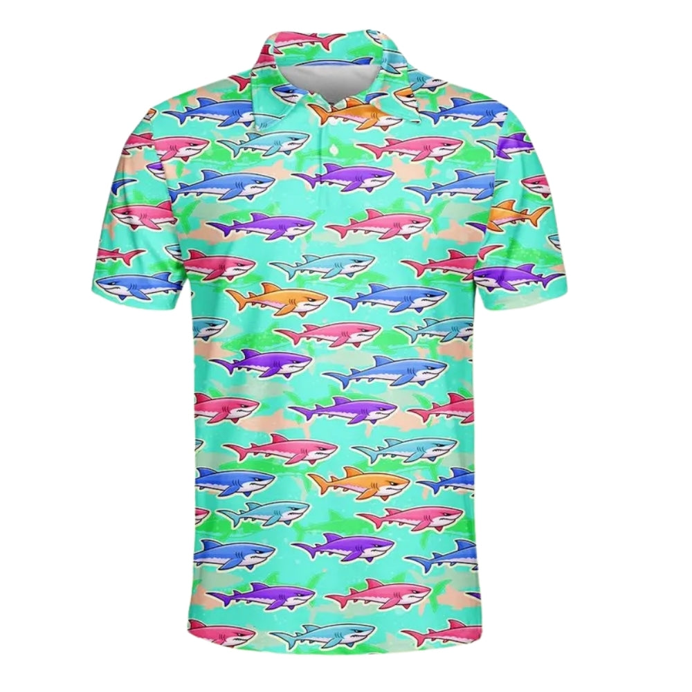 Colorful Shark Pattern Golf Polo Shirt For Men, Shark Golf Shirts GE0413