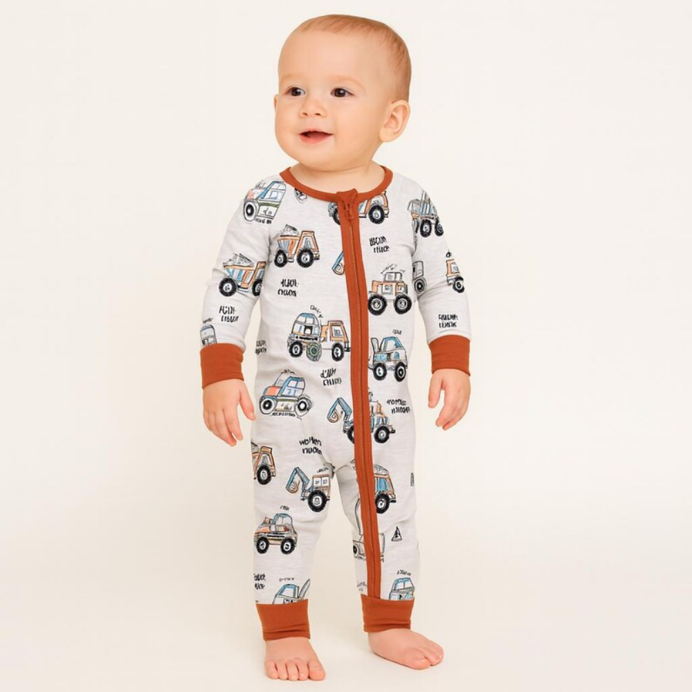 Excavator Constructor Baby Boy Romper Convertible Zipper, Excavator Convertible Romper For Baby BB0342