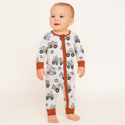 Excavator Constructor Baby Boy Romper Convertible Zipper, Excavator Convertible Romper For Baby BB0342