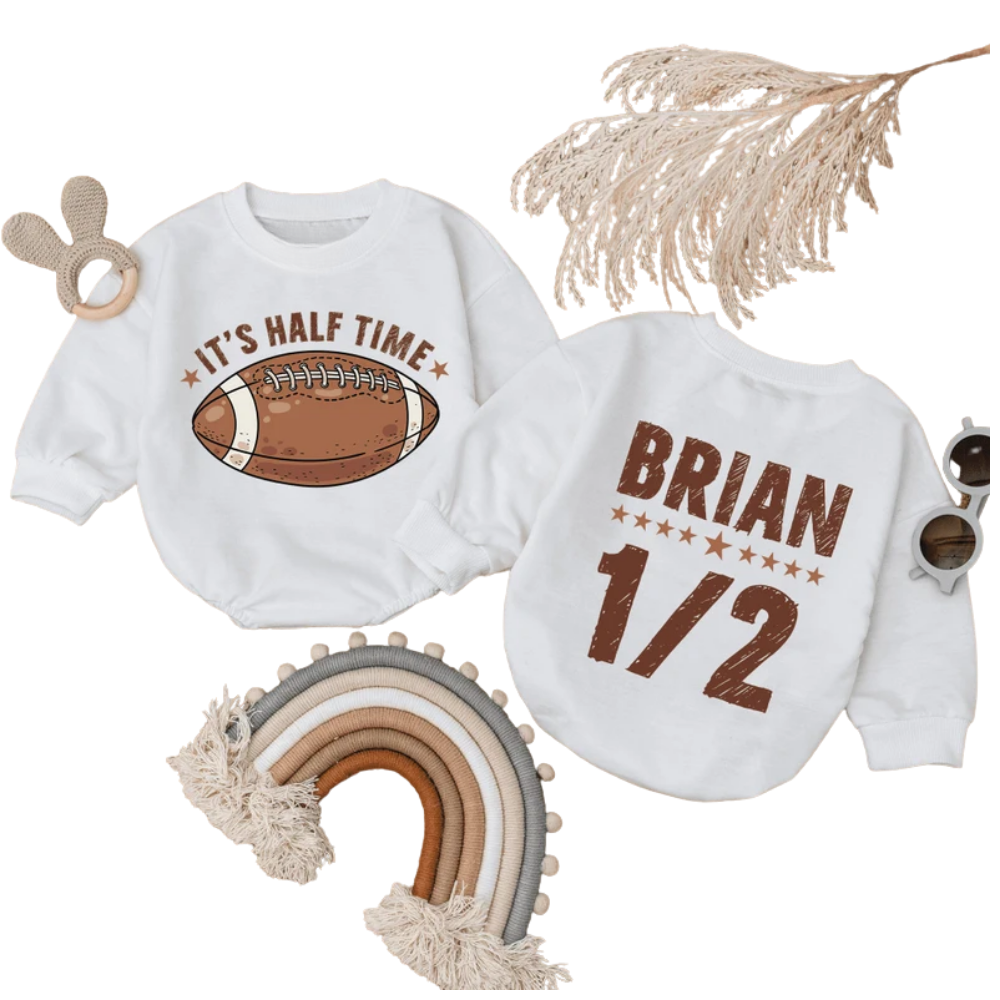 Custom It's Half Time Baby Football Romper Sweater, Custom Football 1/2 Month Birthday Baby Romper Sweatshirt BB0304