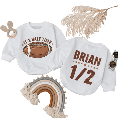 Custom It's Half Time Baby Football Romper Sweater, Custom Football 1/2 Month Birthday Baby Romper Sweatshirt BB0304