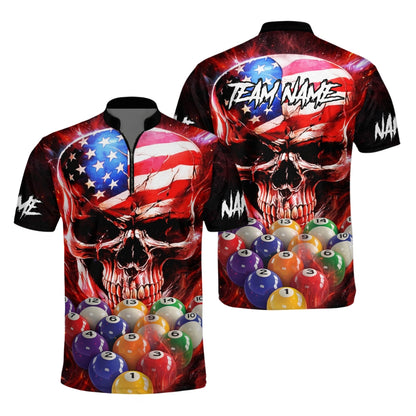 Custom American Flag Skull Billiard Men Jersey, Custom Patriotic Skull Billiard Team Shirts BI0064