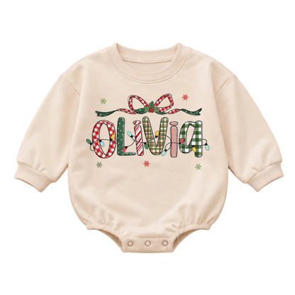Custom Name Christmas Baby Romper Sweatshirt Checkered, Custom Christmas Sweatshirt Baby BB0871