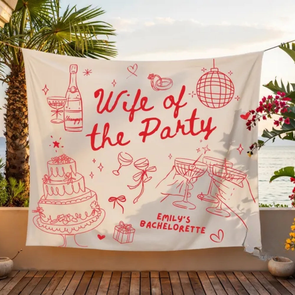 Wife Of The Party Personalized Pink Red Stripe Bachelorette Banner, Custom Bachelorette Banner WD0423