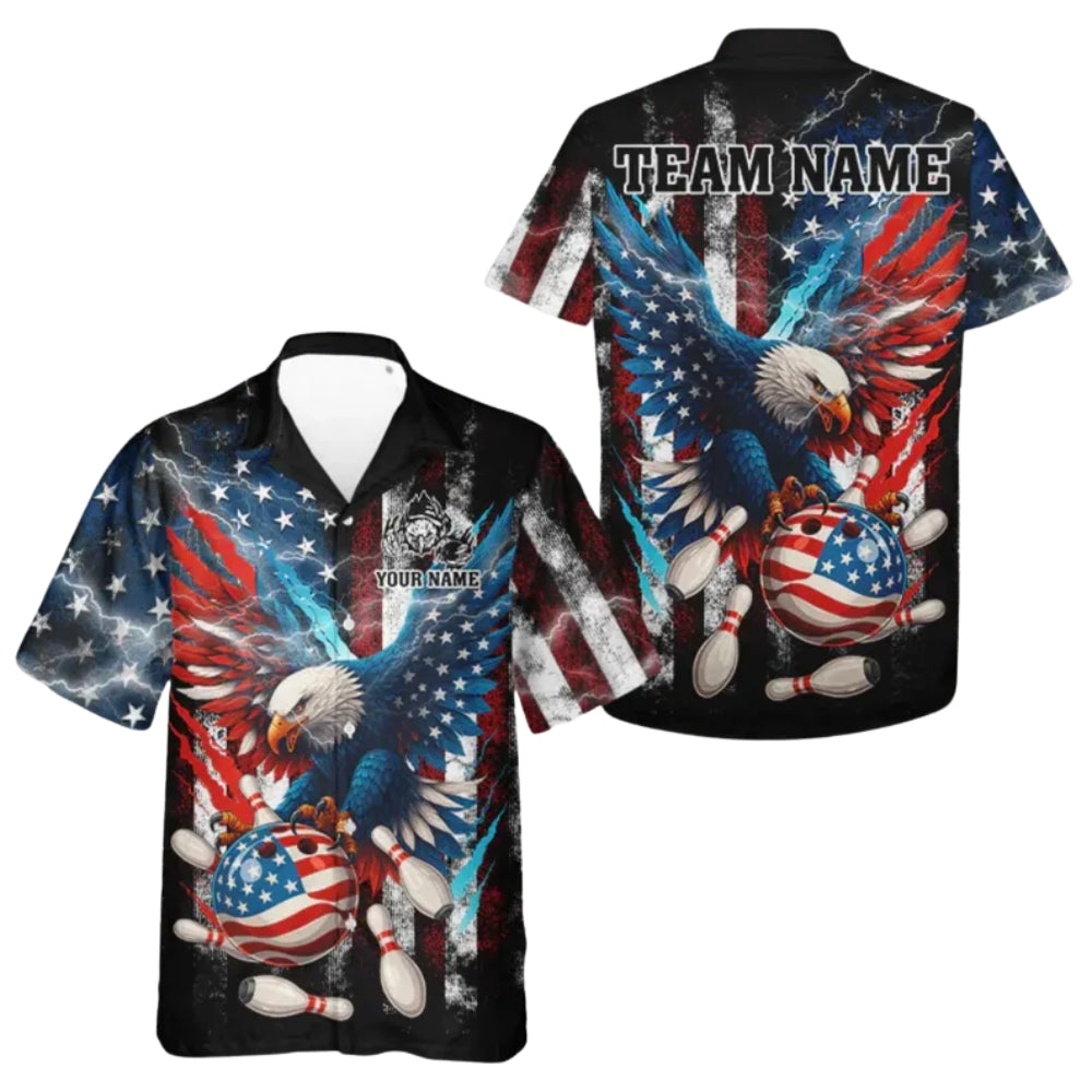 Custom American Eagle Flag Hawaiian Bowling Shirt For Mens, Custom Patriotic 4th Of July Bowling Team Shirts BE0138