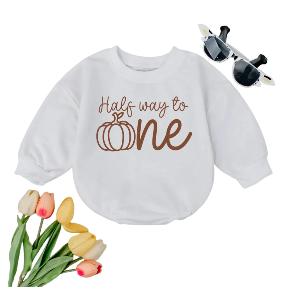Half Way To One Pumpkin Baby Romper Sweatshirt, 1/2 Birthday Thanksgiving Romper Sweatshirt For Baby BB0564