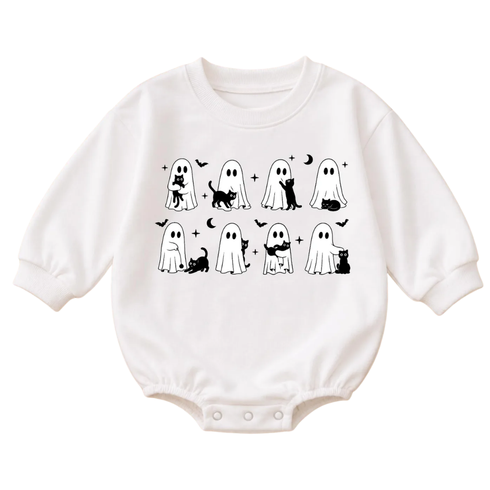 Funny Ghost And Black Cat Baby Romper Sweatshirt, Halloween Baby Sweatshirt BB0872
