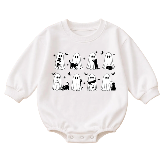 Funny Ghost And Black Cat Baby Romper Sweatshirt, Halloween Baby Sweatshirt BB0872