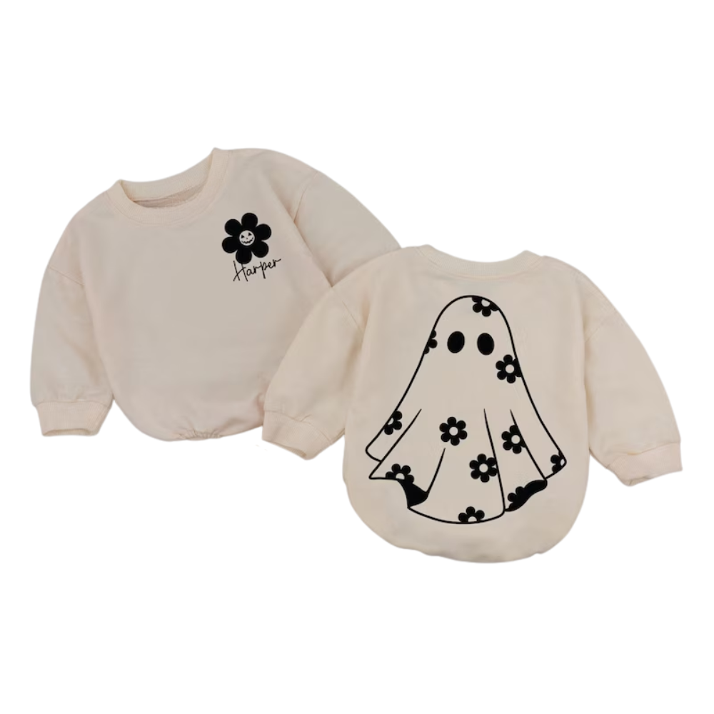 Personalized Ghost Flower Baby Romper Sweatshirt, Custom Halloween Romper Sweatshirt For Baby Girl BB0565