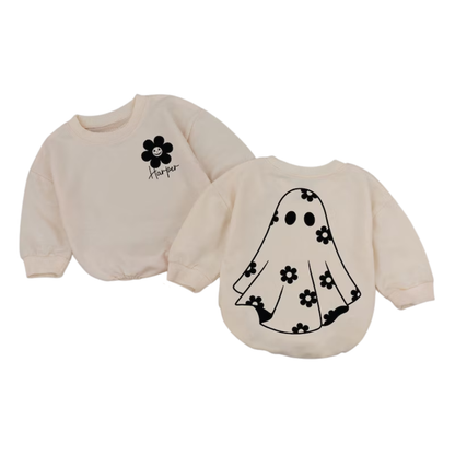 Personalized Ghost Flower Baby Romper Sweatshirt, Custom Halloween Romper Sweatshirt For Baby Girl BB0565