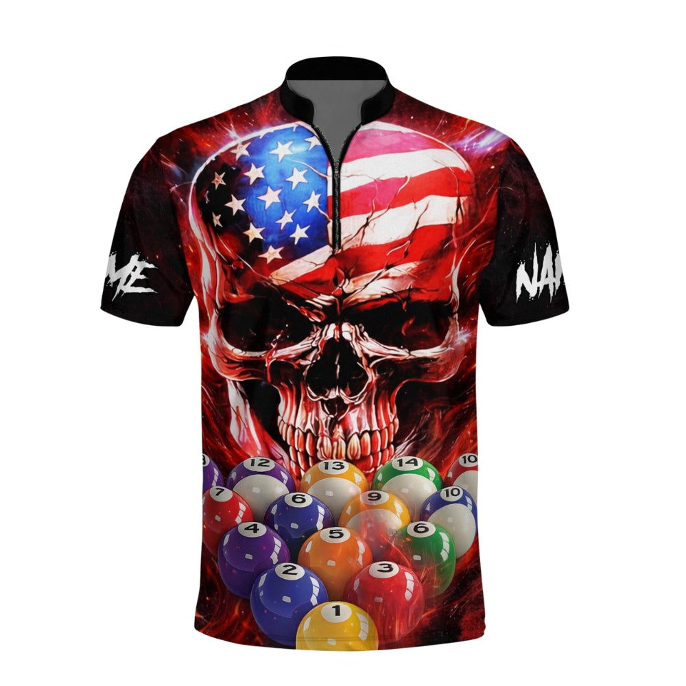 Custom American Flag Skull Billiard Men Jersey, Custom Patriotic Skull Billiard Team Shirts BI0064