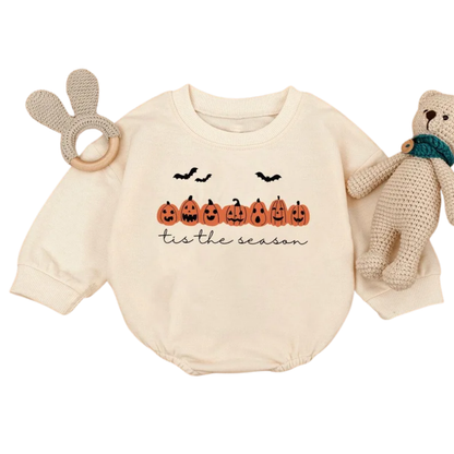 Tis The Season Pumpkin Sweatshirt Baby Romper For Halloween, Hallowen Baby Romper Sweatshirt BB0450