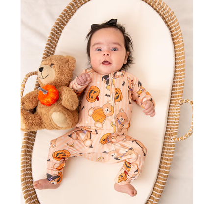 Pumpkin And Teddy Bear Halloween Baby Convertible Zipper Romper, Halloween Baby Romper Convertible BB0341