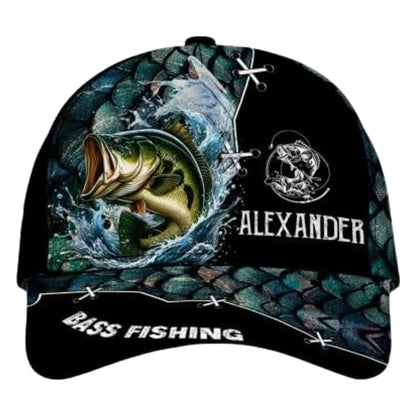 Personalized Bass Fishing 3D Printed Baseball Cap, Custom Name Fishing Lovers Caps Hats CP0239