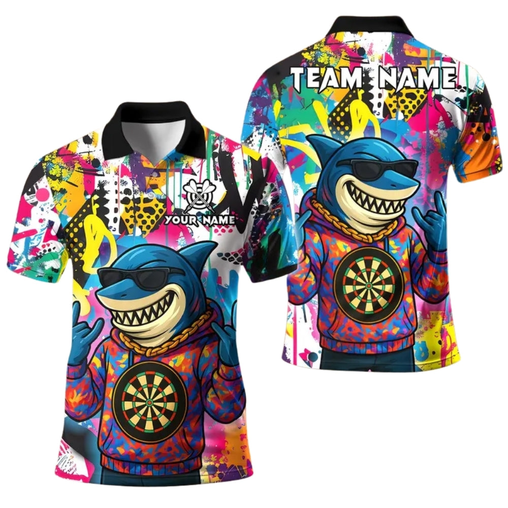 Custom Funny Shark Graffiti Dart Polo Shirt Mens, Custom Shark Darts Team Shirts DE0044