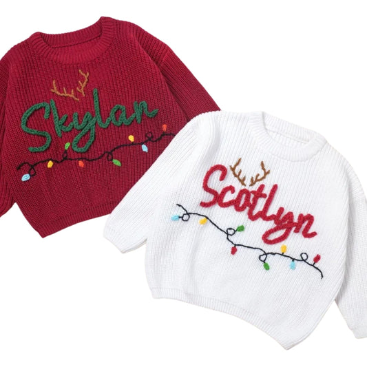 Christmas Light Custom Name Baby Embroidered Knit Sweater, Custom Christmas Sweatshirt For Baby BB0786