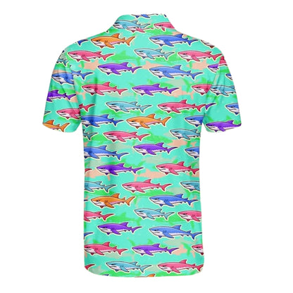 Colorful Shark Pattern Golf Polo Shirt For Men, Shark Golf Shirts GE0413
