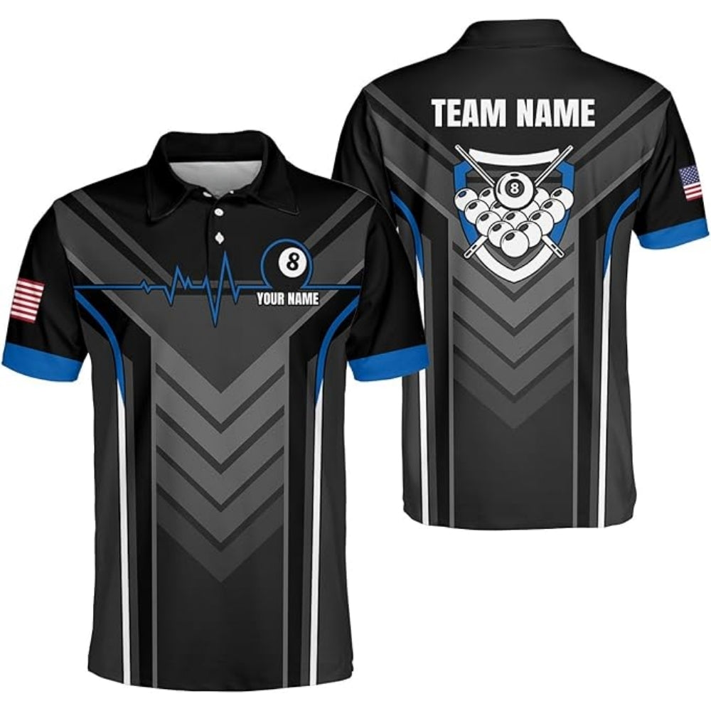 Custom Team 8 Ball Black Billiard Polo Shirt For Mens, Custom Pool Billiard Shirts BIZ0186